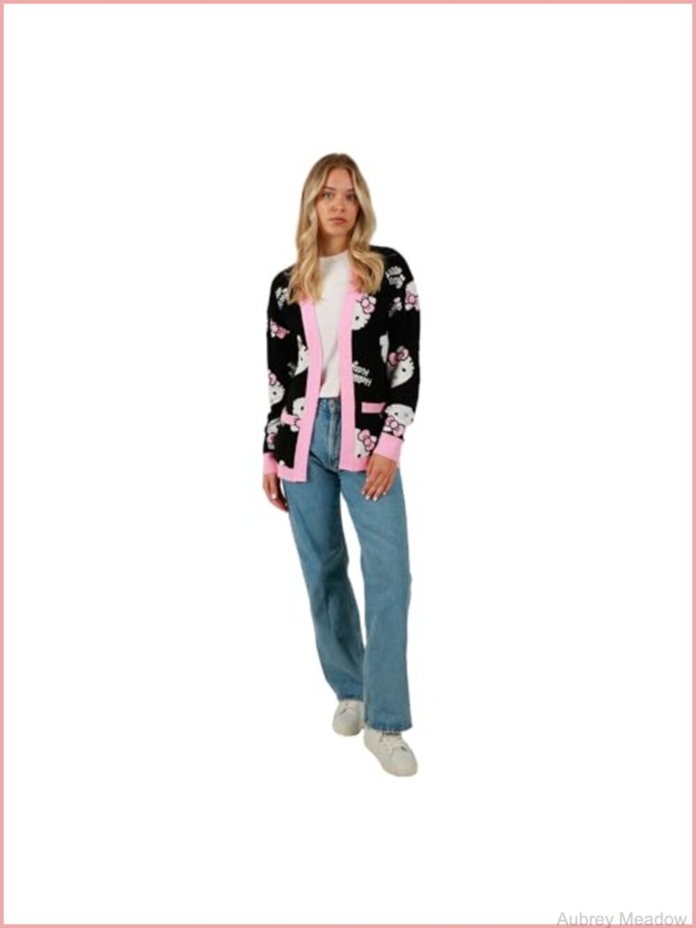 Hello Kitty Jacquard Knit Cardigan Relaxed Fit Buttonless Sweater
